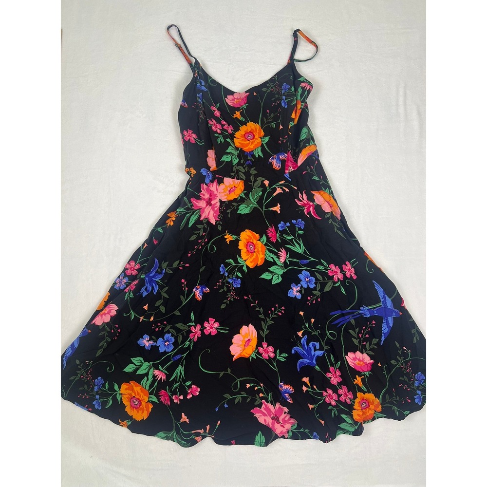 Old Navy S Black Floral Bird Print Cami Fit Flare Dress Smocked Back Cottagecore